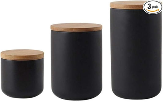 YYW Ceramic Jar with Lid, Kitchen Canisters Set with Airtight Seal Bamboo Lid, Black White Food Storage Canister for Tea, Coffee Bean, Sugar, Flour (Black：three piece)