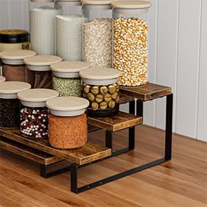 TEMI 3 Tier Spice Rack Organizers - 15.7 Inches Expandable Cabinet Organizers for Kitchen Organization, Rustic Brown Wood and Metal Tiered Shelves for Jars and Spices, Easy to Assemble, Set of 2