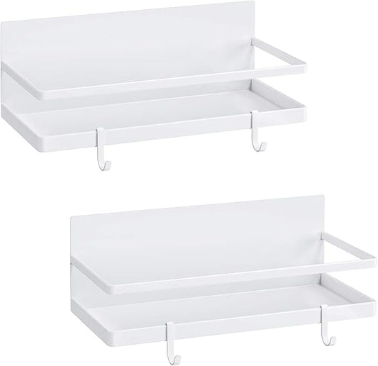 Magnetic Spice Rack, Strong Magnetic Shelf with 4 Removable Hooks, Perfect Space Saver for Small Kitchen/Apartment, Awesome Metal Cabinet for Holding Spices, Jars, Bottle(White, 2Pack)