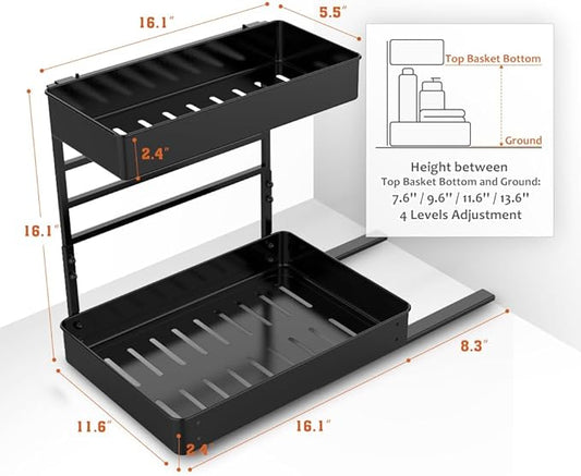 EVERIE Height Adjustable 2 Tier Metal Pull Out Slide Shelf Organizer for Under Sink Cabinets in Kitchen, Bathroom, with Snap-on Top Tray, 16" Deep (Black, 2 Sets)