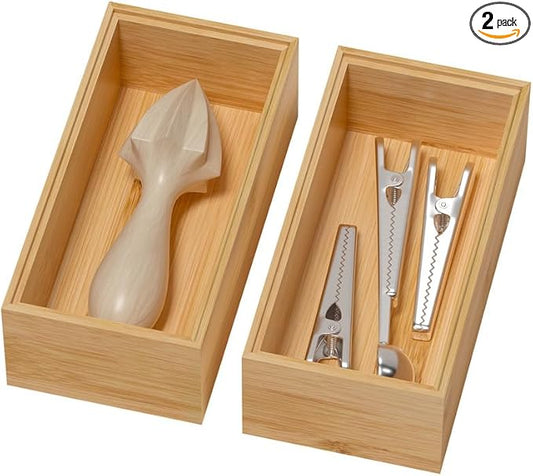Bamboo Drawer Organizer, Small Silverware Organizer for Kitchen Drawer, Stackable Utensil Organizer, 2 Pcs Flatware Organizer for Drawer, Wooden Storage Box Tray (Bamboo, 6 X 3 X 2 Inch)