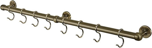 ROTHLEY Stainless Steel Hanging Pot Rack Hanger: 23.7 Inch Pot and Pan Hanger Wall Mounted Hanging Pot Bar Rack Heavy Duty Pot Hangers Kitchen Rail with 8 S Hooks (Antique Brass)