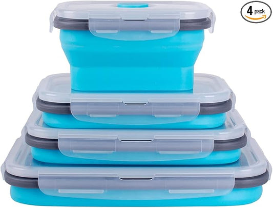 Collapsible Food Storage Containers with Airtight Lid & Air Vent, 4 Sizes, Kitchen Stacking Silicone Collapsible Meal Prep Container Set for Leftover, Microwave Freezer Dishwasher Safe, Blue, Set of 4