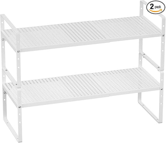 Cabinet Shelf Organizer Expandable Spice Rack Stackable Countertop Organizer Shelves Space Saving Pantry Counter Under Sink Shelves Inside Cabinet Storage,White,2 Packs