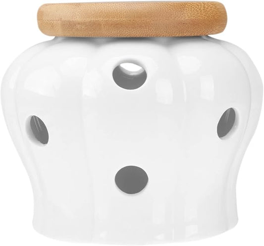 UPKOCH White Ceramic Garlic and Ginger Storage Container with Bamboo Lid, Ventilated Kitchen Canister, Ceramic Jar with Holes for Food Storage, 13x13x11cm
