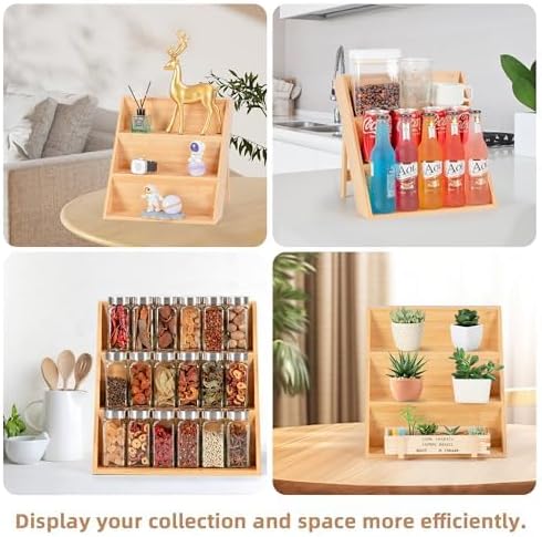 Spice Rack Organizer, 3 Tier Bamboo Seasoning Organizer, Spice Organizer for Cabinet Countertop Drawers Pantry Kitchen, foldable Storage and Standing with Anti-slip Pads(No Jars included)