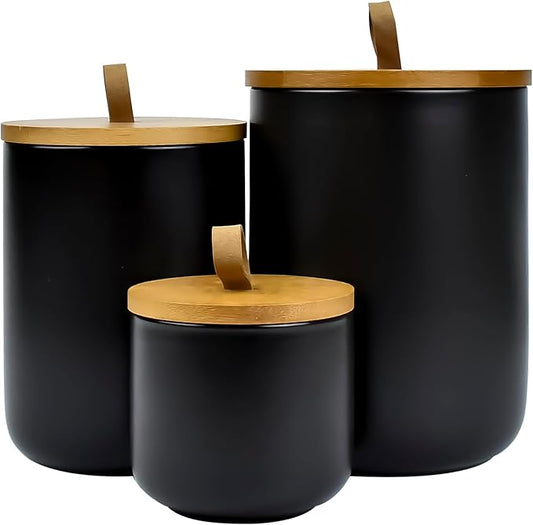 Set of 3 Airtight Ceramic Kitchen Canisters with Bamboo Lids, Food Storage Jars for Flour, Sugar, Coffee, Tea Pantry Organization, Dishwasher Safe
