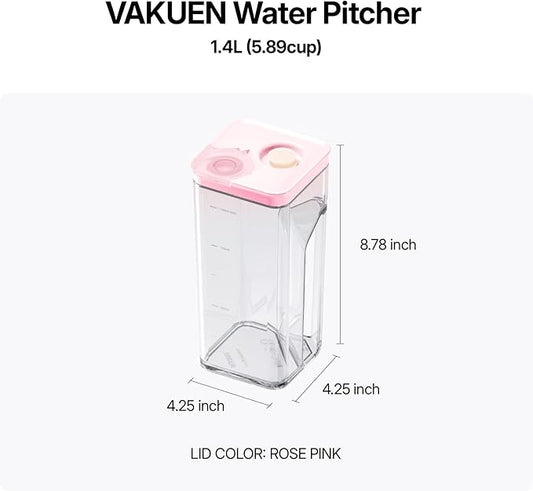 Premium Airtight Water Pitcher ROSE Pink lid, 1.4L(1.48qt) 1pcs, Airtight seal and Vacuum, Leak-free, BPA-free