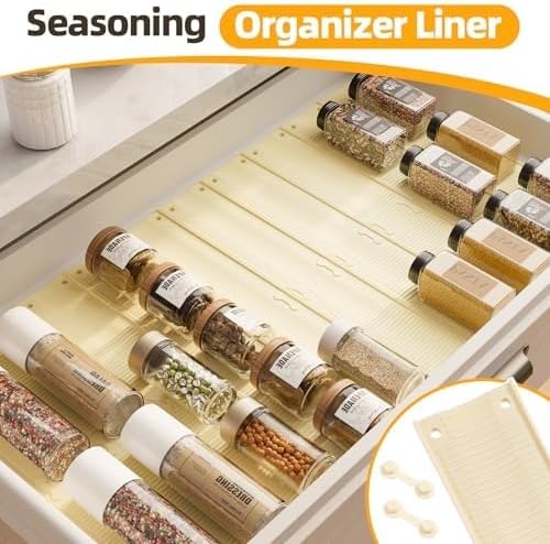MIUKAA 33 Pack Adjustable Spice Liner, Slip-Proof Spice Drawer Organizer, Kitchen Drawer Liner for Spices Bottle,Tableware, Cups Organizer（Single 7.1 x2.3 in） 3mm thick
