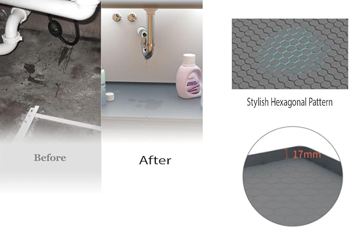 Kitchen Vista Under Sink Mat for kitchen and bathroom Cabinets 34’’ x 22’’ | Silicone Sink Cabinet Protector with Drain Hole,Flexible Sink Drip Tray | Under Sink Organizers and Storage, Grey