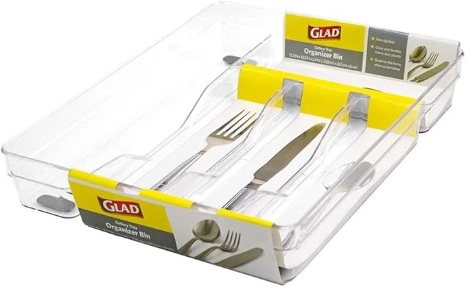 Glad Silverware Organizer Plastic Tray - Kitchen Cutlery Holder for Flatware and Utensil Drawers, Clear