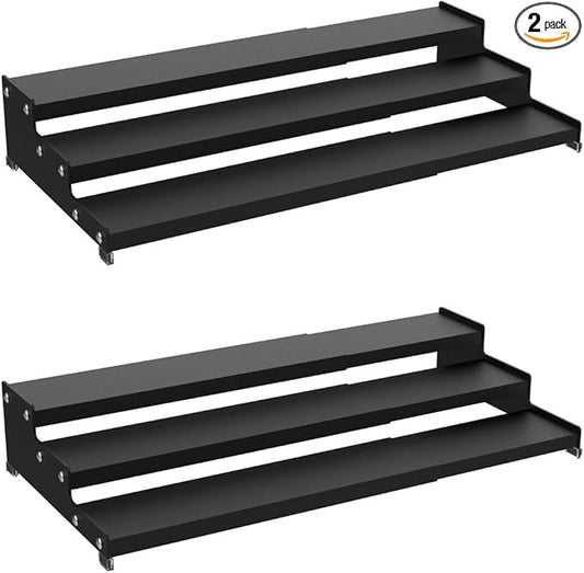 Premium Spice Rack Organizer for Countertops - 3-Tier Space-Saving Kitchen Organizer for Spice Jars, Oil Bottles and Utensils 2 Pakcs Black (Modern Rust-Resistant Design)
