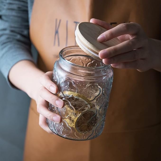 ANSQU Vintage Glass Jars Set Canister Airtight Storage Jar Container with Bamboo Wooden Lids for Kitchen Counter, Pantry, Coffee, Tea, Sugar, Cute Jar, 2 Pack 23.7 FL OZ (Begonia & Sunflower)