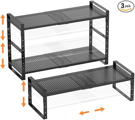 Cabinet Organizer Shelf,Expandable Adjustable Stackable Kitchen Organizer,Metal Shelf risers for cabinets, Kitchens and desks(3Packs/Black/Large)
