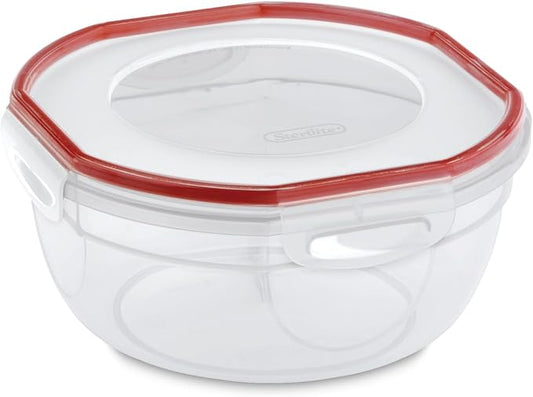 Sterilite Ultra-Seal 2.5 Qt Bowl, Airtight Food Storage Container, Plastic, Latching Lid, Microwave and Dishwasher Safe, Clear With Red Gasket, 4-Pack