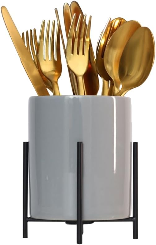 Stable Cutlery Holder White Ceramic With Metal Bracket Robust Silverware Caddy(1 pieces)4.33-3.14 inch Square golden 1pcs