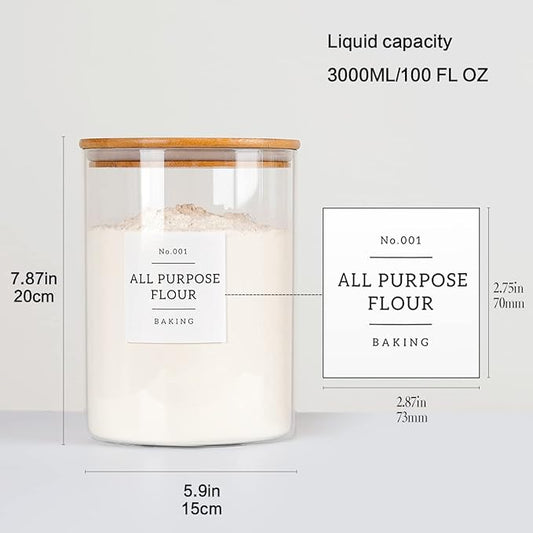 Large Glass Storage Jars With Airtight Bamboo Lid - 100 Fl Oz Thicken Kitchen Glass Food Storage Canister With 42 Pantry Labels - Big Clear Flour And Sugar Containers Farmhouse