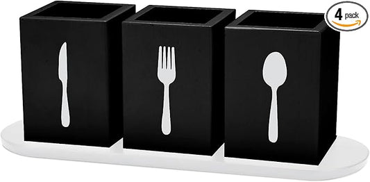 Kathfly 4 Pcs Silverware Caddy Utensil Holder for Countertop Silverware Organizer with Wood Tray Spoon Fork Holder 3. 15 x 3. 15 x 4. 53 Inches of Each Organizer for Kitchen Parties(Black)