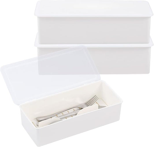 Rainmae 3Pcs Flatware Tray with Lid and Drainer, Large Plastic Silverware Utensil Kitchen Drawer Organizer Clear Cutlery Storage Container with Cover Dinnerware Spoon Knife Holder for Home and Travel