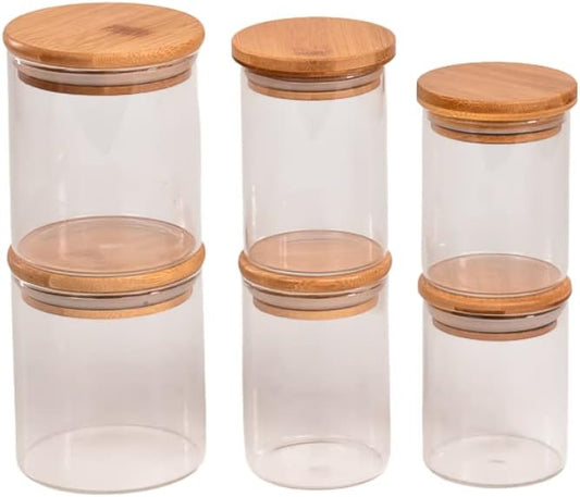 | Hermetic Glass Storage Jars with Bamboo Lid | Multipurpose Jars, Candy Jars, Dry Food Canisters, Airtight, Variety Set, Kitchen Glass For Coffee, Flour, Sugar, Cookie, Spice | 6 Pieces, 32 OZ