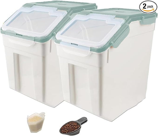 YXQ Rice Storage Container 2 Pack 50 lb Flour Storage Container with Wheels, BPA Free Food Storage Container with Measuring Cup Dog Cat Food Bin Set for Dry Food Sugar, Cereal-Green