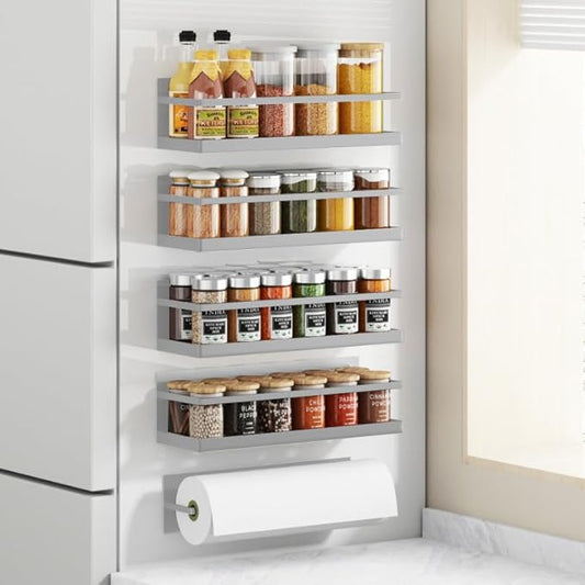Magnetic Spice Rack For Refrigerator Magnetic Fridge Shelf For Kitchen Grey 4 Pack With Magnetic Paper Towel Holder