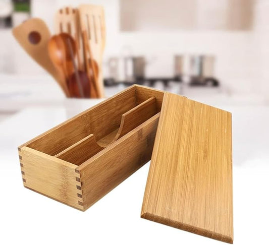 Cyrank Wooden Cutlery Box with Lid, Small Drawer Organizer Kitchen, Cutlery Organizer in Drawer for Spoon Utensil Chopsticks Box for Kitchen Countertop, 10.6x4.3x2.5inch