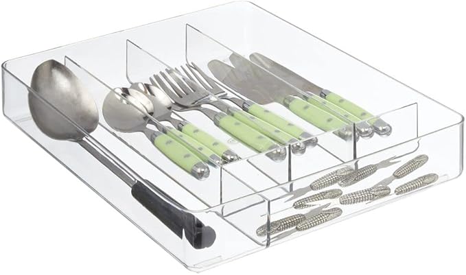 mDesign Plastic Kitchen Cabinet Drawer Storage Organizer Tray - for Storing Organizing Cutlery, Spoons, Cooking Utensils, Gadgets - 5 Divided Compartments - Clear