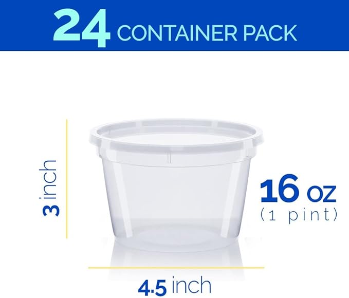 16oz Food Storage & Soup Containers with Airtight Lids - Clear Plastic Deli Cups - Great for Your Slime Kit - BPA Free | Leakproof - Microwaveable - Reusable - Dishwasher & Freezer Safe (24 pack)