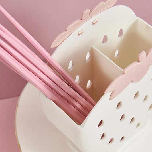 AKOAK 1 Pack Strawberry Chopsticks Stand, Cutlery Storage Box, Suitable for Storing Spoons, Chopsticks, Spoons, Knives and Other Kitchen Utensils (Creamy White)