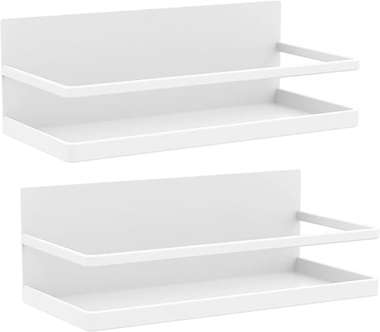 Magnetic Spice Rack Organizer Single Tier Refrigerator Spice Storage Shelf, Easy to Install The Side of The Refrigerator Can Hold spices, Jar of Olive Oil (White, 2 PACK)