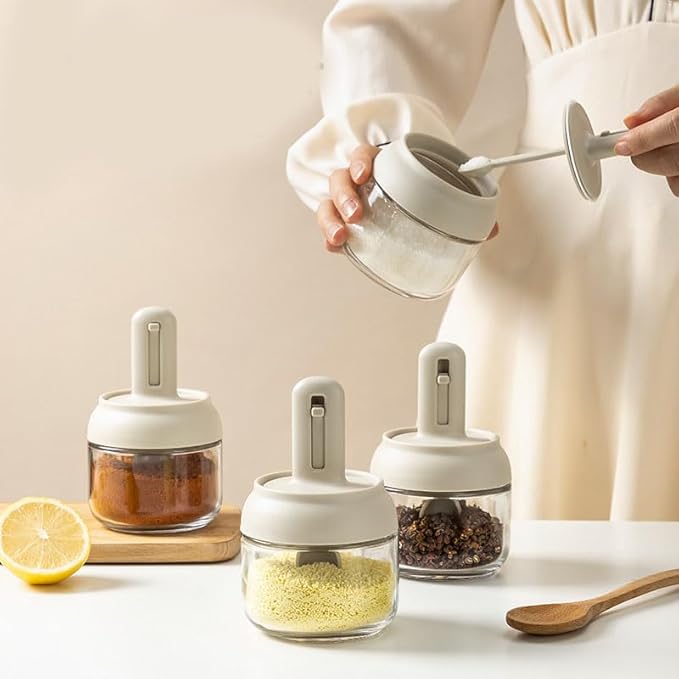 Yosoo Seasoning Jar, Retractable Spoon Glass Transparent Condiment Storage Container Box Glass Home Kitchen Canisters Food Storage Salt Sugar Containers Jars for Sugar Coffee Nuts Seasoning Box