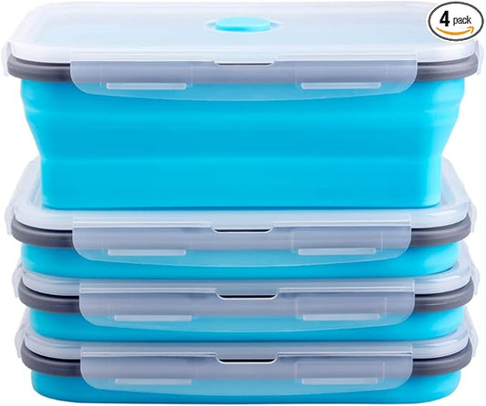 Collapsible Food Storage Containers with Airtight Lid & Air Vent, 40.5 oz, Kitchen Stacking Silicone Collapsible Meal Prep Container Set for Leftover, Microwave Freezer Dishwasher Safe, Blue, Set of 4