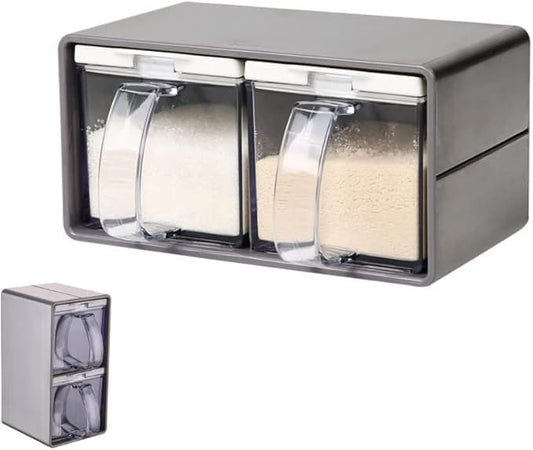 Salt Container With Lid And Spoon, Clear Seasoning Rack Spice Pots, 3 Piece Seasoning Box For Home Kitchen Café Storing Salt Sugar Pepper Spice (2 Pieces)