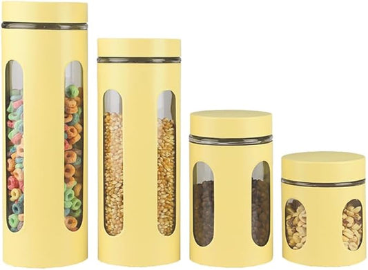 Home Basics Retro Kitchen Canisters For Countertop (4 Piece Set) Yellow Glass with Metal Finish; See-Through Windows; Great For Flour, Coffee, Sugar, Dry Ingredients, Snacks