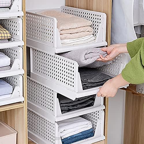 yazi Stackable Storage Bins,8 Pack Foldable Plastic Wardrobe Clothes Organizer Drawer Shelf Storage Basket Container Plastic Drawer Organizer Shelf Baskets Folding Containers Bins Cubes