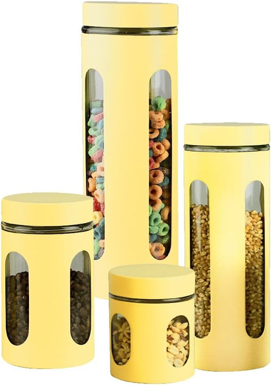 Home Basics Retro Kitchen Canisters For Countertop (4 Piece Set) Yellow Glass with Metal Finish; See-Through Windows; Great For Flour, Coffee, Sugar, Dry Ingredients, Snacks