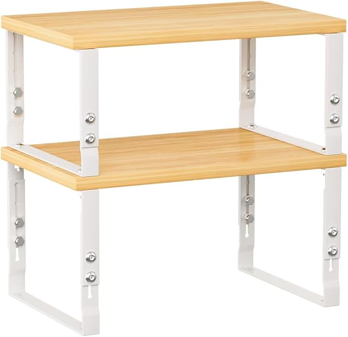 Cabinet Organizer Shelf, Spice Rack, Adjustable height, Stackable and Nesting Shelves,Metal and solid wood, For multiple scenarios in the kitchen, office or closet (White)