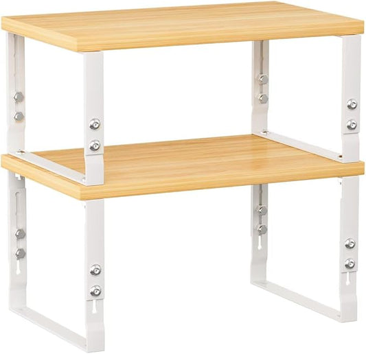 Cabinet Organizer Shelf, Spice Rack, Adjustable height, Stackable and Nesting Shelves,Metal and solid wood, For multiple scenarios in the kitchen, office or closet (White)