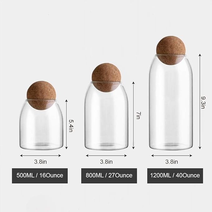 1200ML/40Oz Clear Glass Storage Cute Canister Holder Ball Wood Cork Top, Modern Decorative Cylinder Container Jar with Round Lid for Coffee, Spice, Candy, Salt, Cookie Cool Terrarium Bottle