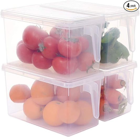 Sooyee Fridge Storage Containers Produce Saver, 4 Pack x 4L Stackable Refrigerator Organizer Keeper with Handle To Keep Fresh for Produce, Food,Fruits, Vegetables, Meat and Fish,Clear