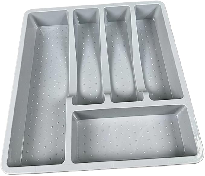 Silverware Organizer, Compact Cutlery Organizer, Large Kitchen Drawer Utensil Divider Tray, Holder Spoon Fork Flatware Storage 5 Compartment Wide Plasticware Draw (Grey) 13x14 inch
