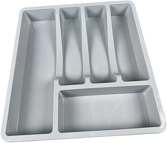 Silverware Organizer, Compact Cutlery Organizer, Large Kitchen Drawer Utensil Divider Tray, Holder Spoon Fork Flatware Storage 5 Compartment Wide Plasticware Draw (Grey) 13x14 inch