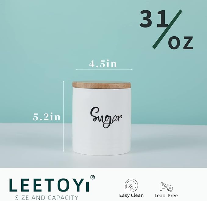 LEETOYI Porcelain Food Storage Containers with Lid, 4.5 Inch 31oz White, Labeled Sugar