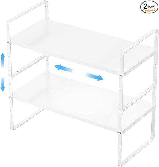 Expandable Kitchen Cabinet Shelf Organizers 2 Pack, Stackable Metal Pantry Storage Shelves Rack, Adjustable Counter Shelf for Cabinets, Countertop, Cupboard Organizers and Storage, White