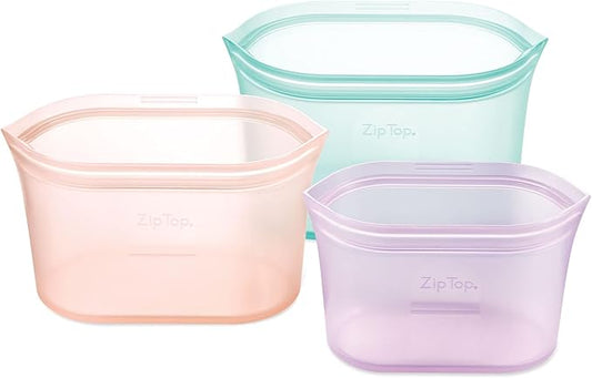 Zip Top Reusable Food Storage Bags | 3 Dish Set [Teal/Peach/Lavender] - Small, Medium, Large | Silicone Meal Prep Container | Microwave, Dishwasher and Freezer Safe | Made in the USA