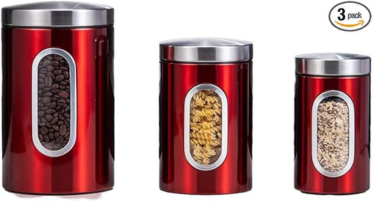 Transparent Red Canisters Sets of 3 Pieces For The Kitchen,0.9/1.6/2.9 Quarts Stainless Steel Coffee Sugar Tea Candy Storage Jars with Window for Home Kitchen Decoration and Accessories