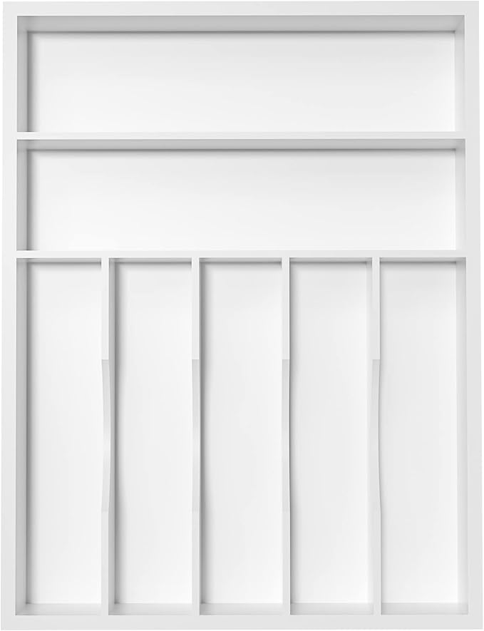 Utensil Organizer Silverware Drawer Organizer - 7 Slots Bamboo Cutlery Organizer Multi-Purpose Silverware Divider for Kitchen Flatware, Hair Accessories, Repair Tools, Art Set W13”x L17” (White)