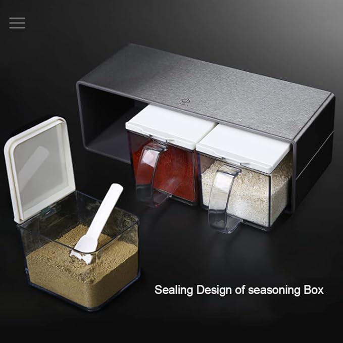 Salt Container With Lid And Spoon, Clear Seasoning Rack Spice Pots, 3 Piece Seasoning Box For Home Kitchen Café Storing Salt Sugar Pepper Spice (2 Pieces)
