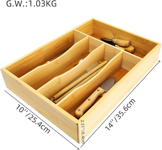 Bamboo Cutlery Drawer Organizer, Kitchen Utensil Organizer with Dividers for Flatware, Silverware Knives in Kitchen, Bedroom, Living Room (5 Slots)